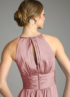 Azazie Bonnie Vestidos de damas de honor Vestido de Rosa Polvorienta de Satén Elástico de Corte en A con Plisado image6