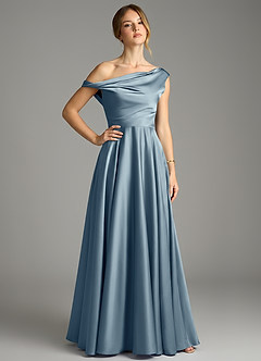 Azazie Xanthe Bridesmaid Dresses Dusty Blue A-Line Off the Shoulder Stretch Satin Dress image1