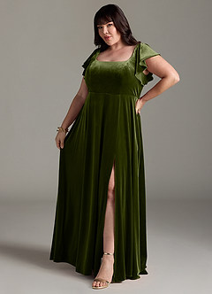 Azazie Bondi Robes de demoiselle d'honneur Robe Trapèze en velours Fente Latérale Olive image10