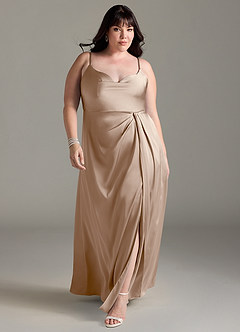 Azazie Brielle Bridesmaid Dresses Taupe A-Line Cowl Spaghetti Straps Stretch Satin Dress image8