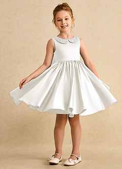 Azazie Chickpea Flower Girl Dresses Ivory A-Line Bow Matte Satin Dress image1