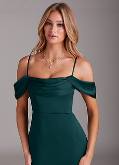 Azazie Saige Bridesmaid Dresses Pine Mermaid Off the Shoulder Stretch Satin Dress image2