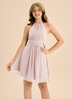 Azazie Bonnie Junior Blushing Pink A-Line Pleated Chiffon Dress image5