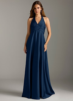 Azazie Tessie Bridesmaid Dresses Dark Navy A-Line Pleated Stretch Satin Dress image3