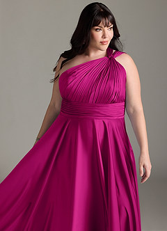 Azazie Charlize Bridesmaid Dresses Fuchsia A-Line One Shoulder Stretch Satin Dress image14