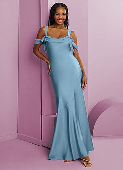 Barbie ♥ Azazie Vestidos de damas de honor Vestido de Azul Acero de Satén Elástico de Corte Recto con Plisado image1