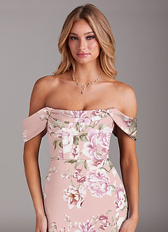 Azazie Saige Bridesmaid Dresses Rosy Floral Bloom Sheath Off the Shoulder Stretch Satin Dress image7
