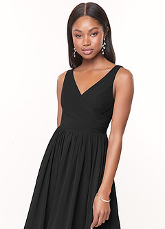 Azazie Keyla Bridesmaid Dresses Black A-Line V-Neck Pleated Chiffon Dress image5