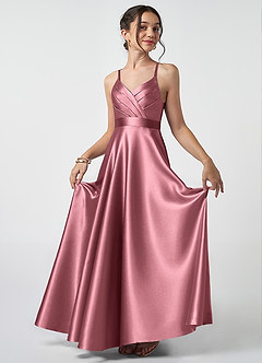 Azazie Avelina Junior Desert Rose A-Line Pleated Metallic Satin Dress image1