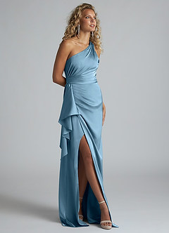 Azazie Maive Final Sale Steel Blue Sheath Ruched Stretch Satin Dress image2