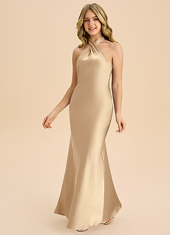 Azazie Chickie Junior Jurk van Stretch Satijn met Kolom Geplooid Champagne image5