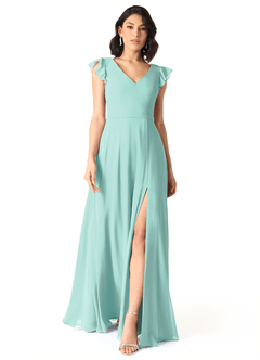 Azazie Claudine Bridesmaid Dresses Aqua A-Line Flutter Sleeve Chiffon Dress image2