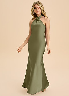 Azazie Chickie Junior Vestido de Pistacho de Satén Elástico de Corte Recto con Plisado image5