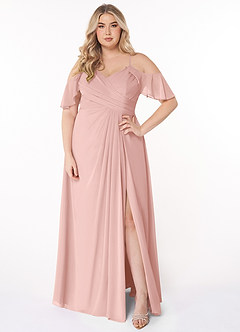 Azazie Dakota Robes de demoiselle d'honneur Robe Trapèze en Mousseline de soie Col V plissé Rose Poudré image1