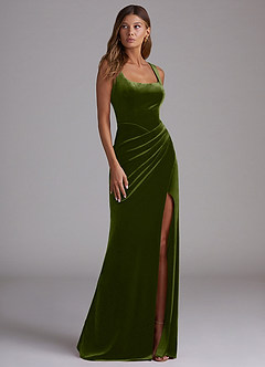 Azazie Mero Bridesmaid Dresses Olive Sheath Pleated Velvet Dress image4
