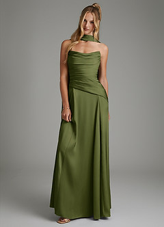 Azazie Gabriela Bridesmaid Dresses Olive A-Line Corset Stretch Satin Dress image1