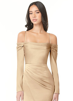 Azazie Hallie Bridesmaid Dresses Champagne Sheath Off-The-Shoulder Long Sleeve Stretch Satin Convertible Dress image2