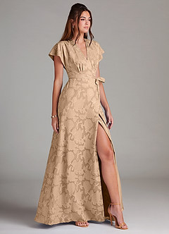 Azazie Ling Robes de demoiselle d'honneur Robe Trapèze en Blumen-Burnout Plissée Champagne image4