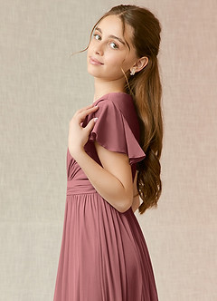 Azazie Mosley Junior Dark Green A-Line Ruched Mesh Dress image6