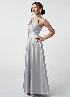 Azazie Avelina Junior Silver A-Line Pleated Metallic Satin Dress image3