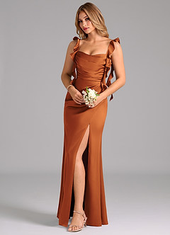 Azazie Jessamine Bridesmaid Dresses Cinnamon A-Line Corset Stretch Satin Dress image1
