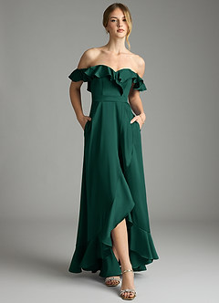 Azazie Lyra Bridesmaid Dresses Emerald A-Line Off the Shoulder Stretch Satin Convertible Dress image6
