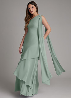 Azazie Monique Vestidos de damas de honor Vestido de Salvia Plateada de Gasa de Corte en A con Hombro unilateral image4