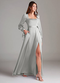 Azazie Leonia Bridesmaid Dresses Silver A-Line Long Sleeve Stretch Satin Dress image4
