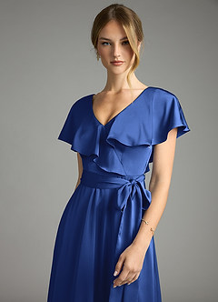 Azazie Lainey Bridesmaid Dresses Royal Blue A-Line with Pockets Stretch Satin Dress image6