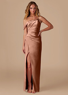 Azazie Lia Jurken voor bruidsmeisjes Jurk van Metaalachtig Satijn met Kolom Off the Shoulder Bronzeertint image1