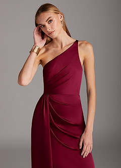 Azazie Mika Bridesmaid Dresses Burgundy Sheath One Shoulder Stretch Satin Dress image6