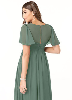 Azazie Verna At-home Try On Dresses A-Line V-Neck Ruched Chiffon Floor-Length Dress image6