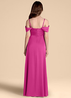 Azazie Kaitlynn Junior Abito A-Line in Raso Elasticizzato a Spalla Scoperta Fucsia image2