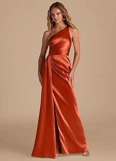 Azazie Mika Vestidos de damas de honor Vestido de Pimenton de Satén Metálico de Corte Recto con Hombro unilateral image1