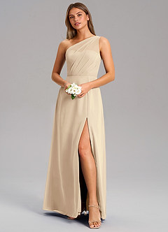 Azazie Phaedra Bridesmaid Dresses Champagne A-Line One Shoulder Chiffon Dress image4