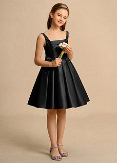 Azazie Jello Girls Formal Flower Girl Dresses Black Ball-Gown Pleated Matte Satin Dress image4
