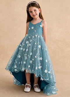 Azazie Celia Flower Girl Dresses Ink Blue A-Line Spaghetti Strap Tulle Dress image5