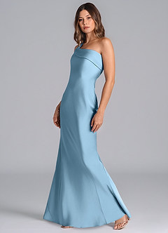 Azazie Driea Vestidos de damas de honor Vestido de Azul Acero de Satén Elástico de Corte Sirena con Hombro unilateral image6