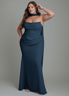 Azazie Sorrel Vestidos de damas de honor Vestido Azul Marino Oscuro de Gasa de Corte Sirena con Corsé image12
