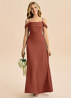 Azazie Lettie Junior Vestido Castanho Aloirado de Cetim elástico de Linha A com Fora do ombro image2