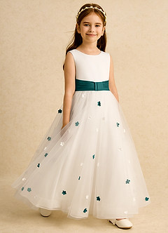 Azazie Cricket Flower Girl Dresses Ivory Peacock Ball-Gown Pleated Matte Satin Dress image7