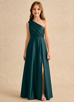 Azazie Puddles Girls Formal Robe Demoiselle D'honneur Fillette Robe Trapèze en Satin extensible Une épaule Vert Pin image6