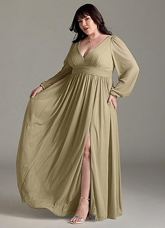 Azazie Norah Abiti da Damigella Abito A-Line in Chiffon con Maniche lunghe e Scollo a V Verde Muschio image10