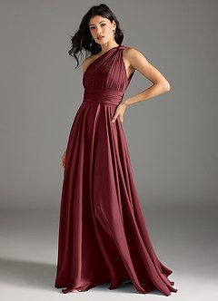 Azazie Charlize Robes de demoiselle d'honneur Robe Trapèze en Satin extensible Asymétrique Merlot image4
