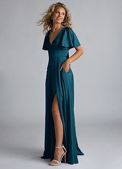 Azazie Kimber Brautjungfernkleider A-Linie Gestreift Stretch-Satin Kleid Tintenblau image6