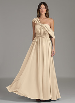 Azazie Nyah Bridesmaid Dresses Champagne A-Line Off the Shoulder Chiffon Dress image3