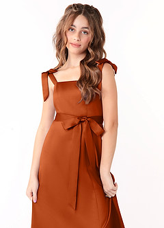 Azazie Barbara Junior A라인 절하다 스트레치 새틴 플로어 길이 주니어 신부 들러리 드레스 image5