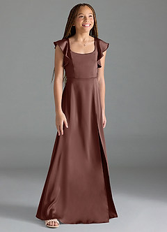 Azazie Bondi Junior Espresso A-Line Side Slit Stretch Satin Dress image3
