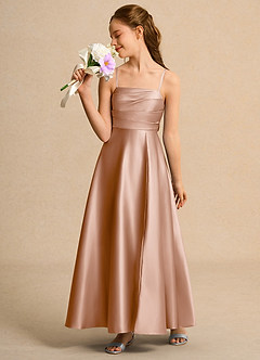 Azazie Pebbles Junior Formal Flower Girl Dresses Champagne Rose A-Line Pleated Matte Satin Dress image5