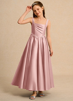 Azazie Mochi Girls Formal vestidos de niña de las flores Vestido de Oro Rosa de Satin Mate de Corte Princesa con Plisado image6